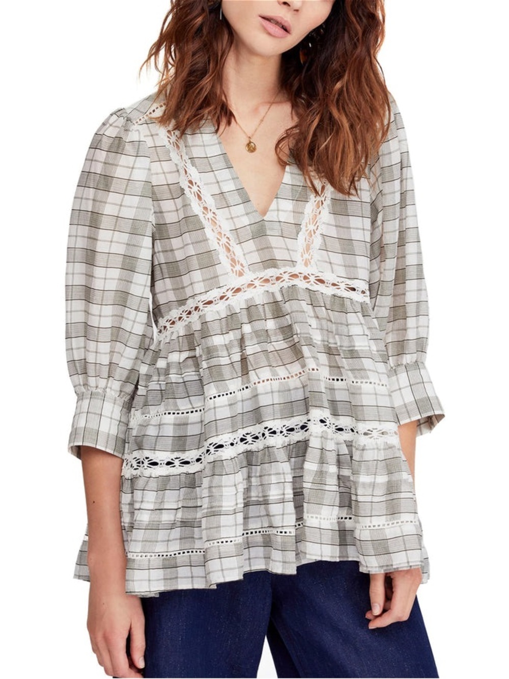 Free People Time Out Tunic Top Ivory Combo Plaid Lace Size XS New NWT